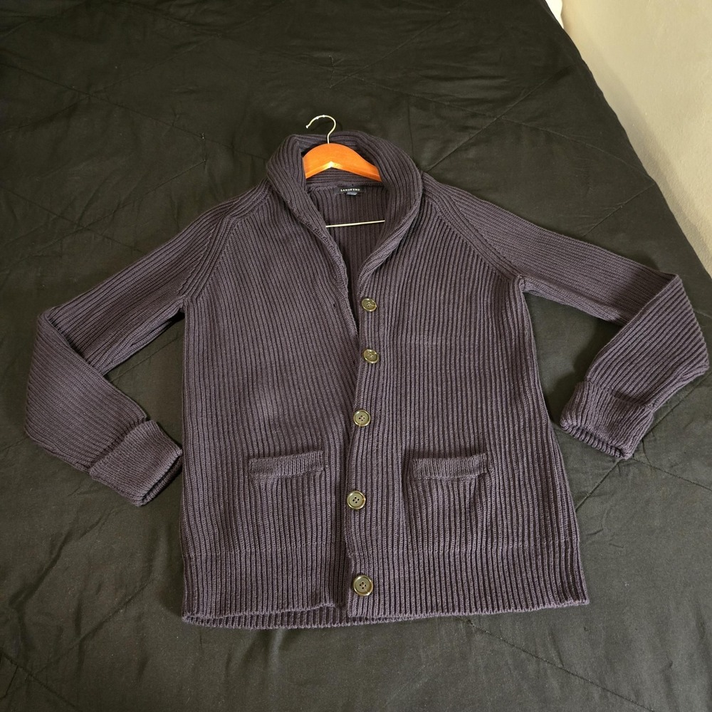 Lands' End Sweater Womens 10-12 Navy Shawl Collar Rib Knit 100% Cotton Cardigan